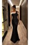 Black and White Boat Neck Stone Embroidered Evening Dress 583413