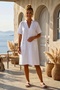 White V-Neck Short Sleeve Lace Pocket Casual 100% Linen Woven Dress 95 55 - 2