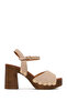 Women's Beige Ankle Buckle Thick Heeled Suede Sandals 26Sfe466010