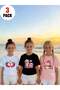 Printed Black - White - Pink 3-Piece Children's T-Shirt 100% Cotton Short Sleeve Knitted Crew Neck - 3