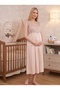 New Season Beige Wide Strap Buttoned Design Stylish Lace Detailed 100% Cotton Maternity Dressing Gown Nightgown Set of 2 - 7