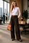 Pants + Belt, Elastic Waist High Waist Wide Leg 2-Pocket Palazzo Belted Fabric Trousers - Brown