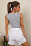 Women's Gray Square Neck Crop Top Blouse - 2