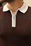 Men's Collar and Sleeve Detailed Zipper Collar Stripe Pattern Short Sleeve Knitwear T-Shirt - 5