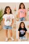 Summer Rainbow Rabbit, Elephant and Five Hearts Printed Girls' Black, White, Pink Colors 3-Piece T-Shirt Set - 2