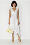 Women's White Lined Back Tie Detailed Double Breasted Collar Asymmetrical Cut Midi Dress 393 60286372 - 3