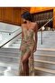 Premium Trend Design Slit Abstract Patterned Draped Corset Long Dress