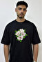 White Magnolia Design Printed Oversize Black T-Shirt