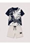 Boy's Leaf Patterned Shorts Set with Lace-Up Pockets Summer Two-Piece Set