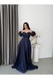 Navy Blue Strapless Sweetheart Neckline Balloon Sleeves Organza Evening Dress - 3