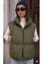 Women's Khaki Stand-Up Collar Buttoned Inflatable Vest with Drawstring at the Bottom