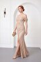 Women's Beige Boat Neck Lace Long Evening Dress