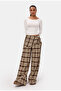 Women's Coffee Plaid W6-16 Palazzo Fit Skirt Detailed Design Trousers - 7