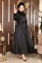 Feather Detailed Satin Evening Dress Black 19123
