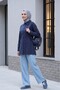 Striped Buttoned Modal Tunic with Side Laces - Dark Blue - 3