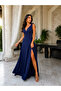 Monaco Women's Double-Breasted Collar Slit Long Evening Dress with Shoulder Tie Detail - 2