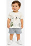 Baby Boy Teddy Bear Patterned Linen Shorts Set with Snap Closure on the Shoulder