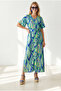 Women's Abstract Green Buttoned Belted Maxi Viscose Shirt Dress Elb-19002382 - 3