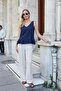 Women's Front Back V-Neck Skirt Ruffle Sleeveless Blouse-Navy Blue - 2