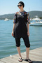 2-Piece Set (with Bonnet Gift) Short Sleeve Fisherman's Swimsuit with Front Zipper, Parachute Fabric, Semi-Modest Swimwear D4 - 2