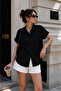 Women's Black Muslin Fabric Oversize Short Sleeve Shirt - 4