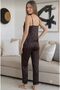 Women's Satin Pajama Set - Strap Top and Pants with Lace Detail - 2