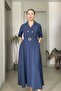 Short Sleeve Long Dress with Gold Button and Belt Detail - 2