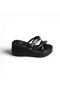 Women's Black Leather 7cm Wedge Heel Buckle Toe Slip-On Slippers - 2