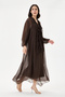 Brown Italian Collar Ruffled Half Placket Buttoned Collar Lined Long Silk Dress 38 - 44 Size - 5