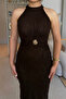 Halter Neck Glittering Elegant Brown Midi Dress with Gold Accessories - 8