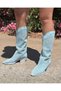 Baby Blue Suede Laser Cut Perforated Thick Heeled Summer Cowboy Boots - 5