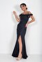 Women's Floral Madonna Collar Draped Lined Crepe Satin Long Dress - 3