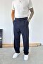 Navy Blue Pleated Baggy Fit Fabric Trousers - 2