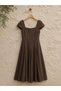 Coffee Linen Square Neck Short Sleeve Flowy Dress