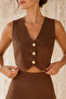 Women's Brown Suede Vest Midi Skirt Set - 2