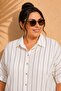 Women's Plus Size White Coffee Striped Low Short Sleeve Oversize Woven Viscose Shirt - 2