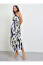 Navy Blue One Sleeve Midi Dress with Ruched Detail - 2