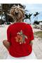 Red Oversize Cotton T-Shirt with Turtle and Flower Print, Relaxed Fit, Unisex