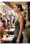 Women's Khaki Color Square Collar Lined Sleeveless Viscose Elastane Blouse - 5