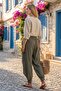 Alaçatı Linen Khaki Elastic Waist Buttoned Cuffs Mesh Linen Shalwar Trousers - 2