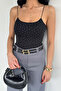 Black Women's Rubber Strap Stoned Crop Top Blouse - 2