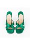Women's Emerald Green Satin Cross-Strapped Stoned High Heeled Designer Evening Dress Slippers - 6