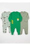 Chick Patterned 3-Piece Baby Romper Set with 2 Booties and 1 Bootie-Free Set Green Water Green Khaki - 7