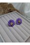 Purple Flower Figured Design Earrings Gold Color Detailed Elegant Women's Earrings