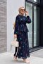 Spanish Sleeve Lined Belted Floral Patterned Skirt Chiffon Suit - Navy Blue - 4
