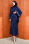 Navy Blue Satin Evening Dress with Stone-Embellished Sleeves and Waist Belt - 4