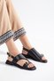 Solea Faux Leather Low Heel Women's Sandals with Gold Accessory Detail - 3