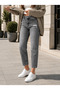 Women's Gray High Waist Mom Fit Ripped Detailed Denim Jean Trousers - 3