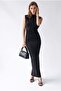 2181 Women's Degaje Collar Gathered Waist Slit Long Dress Black - 5
