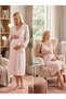 New Season Powder Striped Lace Detailed Design 100% Cotton Maternity Dressing Gown Nightgown Set with Nursing Features and Straps - 8